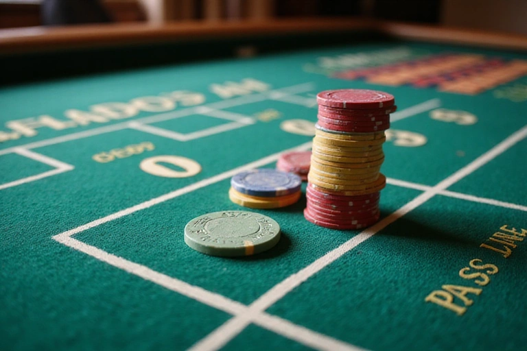 Craps table with chips on odds line