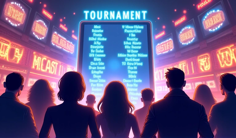 Players competing in a virtual casino tournament, with bright lights and a leaderboard in the background.