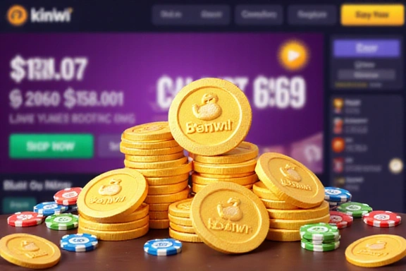 Illustration of virtual coins and chips representing KiwiSocialCas currency
